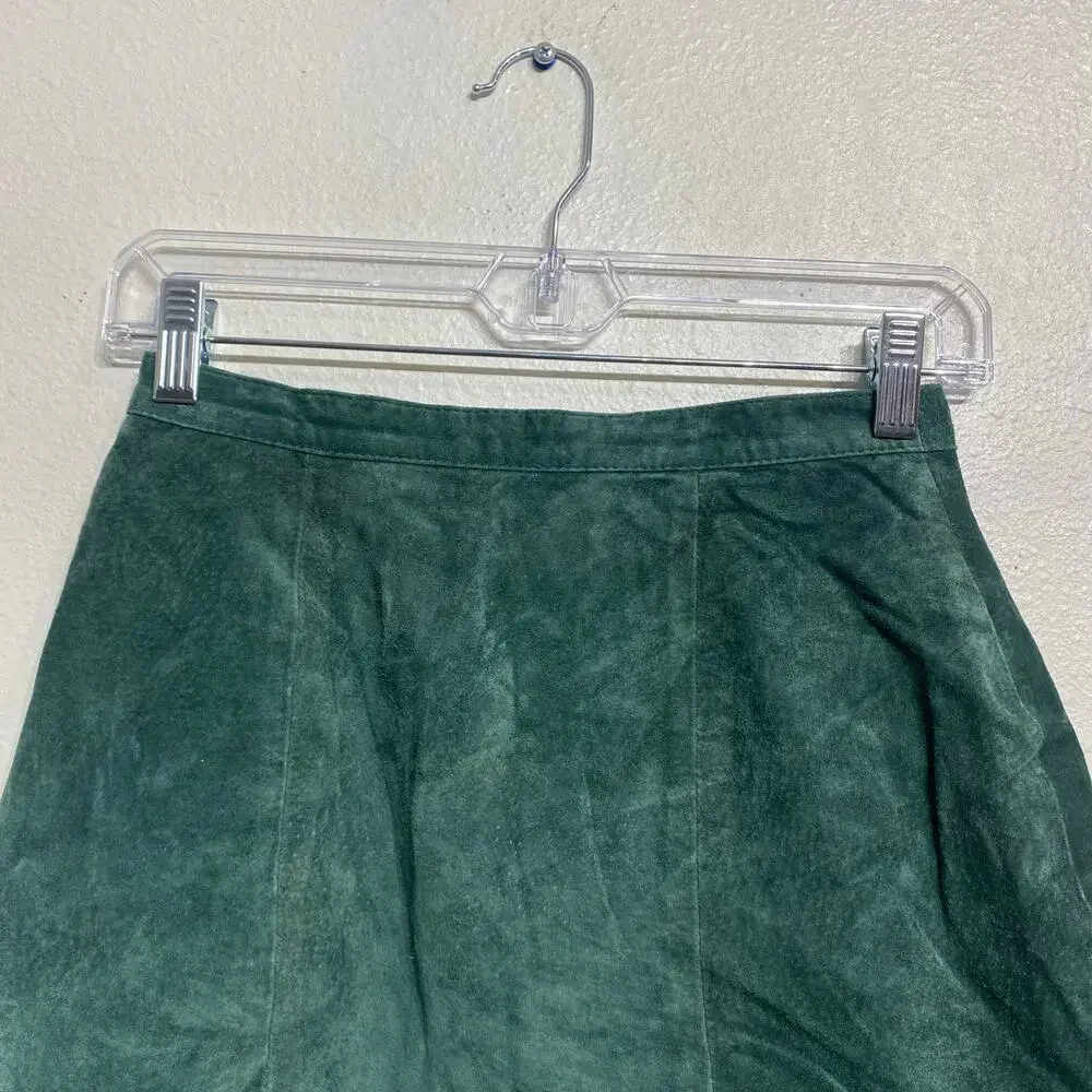 Global Identity Olive Green Suede Leather Mini Skirt Vintage Y2K Sz 13/14